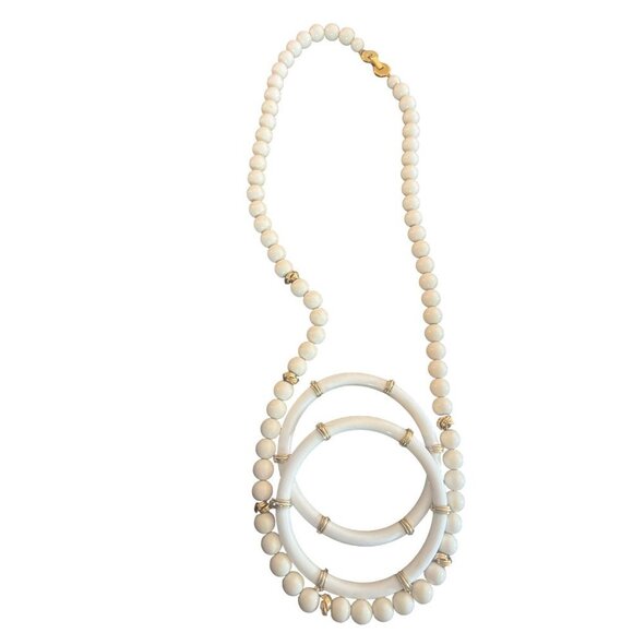 Vintage Monet Cream Resin Beads Goldtone 16: Necklace Two Bangle Bracelets - Picture 2 of 4